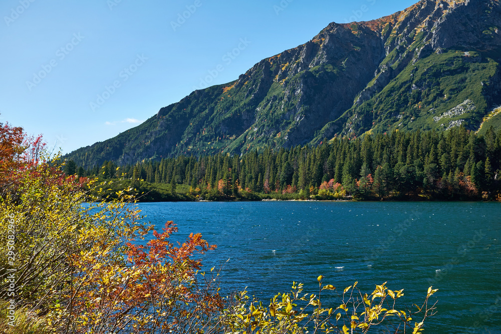 The tourist destination Poprad lake  with mountain and colorful autumn foliage in High Tatras National Park, Slovakia - obrazy, fototapety, plakaty 