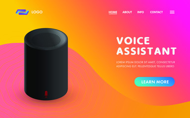 Poster - Voice Assistant Smart Home sound recognition system. IOT device web template vector concept for Landing page ui, ux design with sound speaker. Personal online assistant.