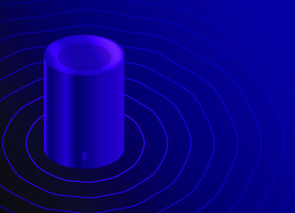 Poster - Voice assistant smart speaker, dark color neon vector illustration. Home advisor artificial intelligence and internet of things speaker concept with waves on the background.