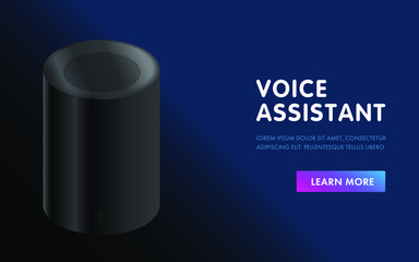 Poster - Smart Voice Assistant Personal sound recognition system. Vector concept for website landing page. Web template ui, ux design with sound speaker that listens and executes human commands