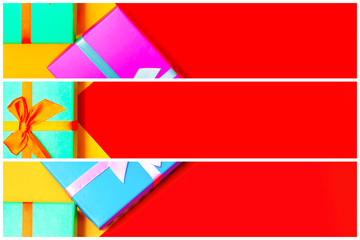 Poster - gift box with ribbon on a colorful background. view from above. three sections.