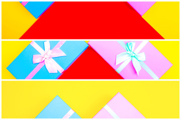 Poster - gift box with ribbon on a colorful background. view from above. three sections.