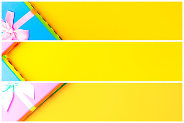 Poster - gift box with ribbon on a colorful background. view from above. three sections.