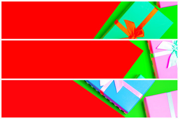 Poster - gift box with ribbon on a colorful background. view from above. three sections.