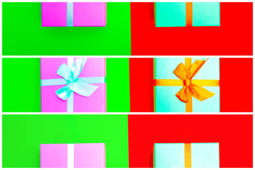 Poster - gift box with ribbon on a colorful background. view from above. three sections.