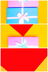 Poster - gift box with ribbon on a colorful background. view from above. three sections.