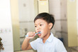 © titikul_b - An Asian young boy brushing his teeth.