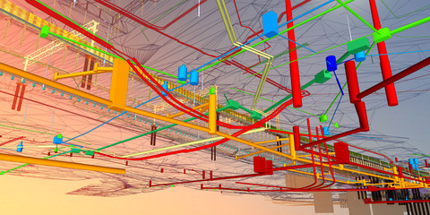 Wall Mural - the bim model of the underground infrastructure object of urban utilities wireframe view