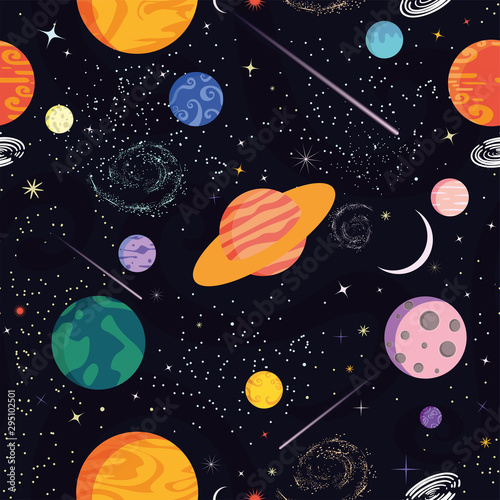 Cotton fabric Seamless vector pattern. Space, universe. Abstract background. Different colored planets (planets of the Solar system and fantastic), stars, comets, galaxies. Starry sky. Outer space template.