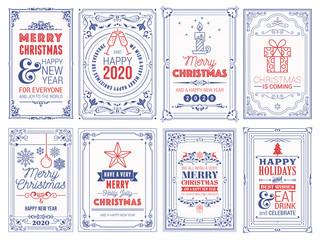 Wall Mural - ornate square winter holidays greeting cards with new year tree, reindeers, christmas ornaments, pea