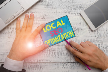 Poster - Writing note showing Local Seo Optimization. Business concept for increase Search Visibility to Rank on Top list