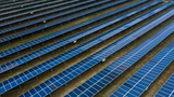 Fototapeta Miasto - Solar Photovoltaic of aerial top view, solar plants rows array of ground mount system Installation