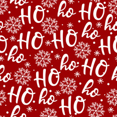 Wall Mural - Hohoho pattern, Santa Claus laugh. Seamless texture for Christmas design. Vector red background with handwritten words ho.