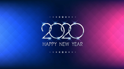 Wall Mural - Silver Happy new year 2020 and square polygon pattern on blue and violet color background