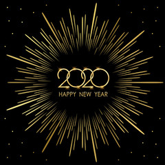 Wall Mural - Golden happy new year 2020 in fireworks explosion on black color background