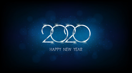 Wall Mural - Silver Happy new year 2020 with abstract bokeh and lens flare pattern in vintage blue color background