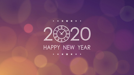 Wall Mural - Happy New Year 2020 with clock and abstract lens flare pattern in vintage color background