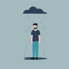 sad male character standing under the rain. overcast weather. emotions. solitude concept. flat vecto