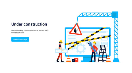 Flat concept site under construction for web page, banner, presentation, social media, documents. Website maintenance error, webpage under construction. Error warning window operating system. Vector.