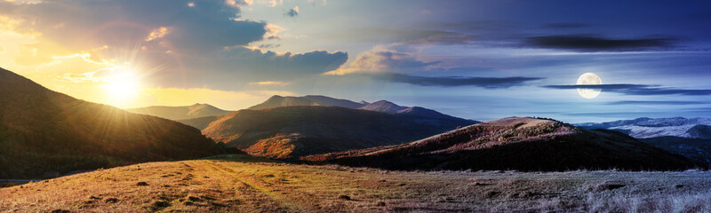 Wall Mural - wonderful panorama of mountain ridge in autumn. gorgeous landscape day and night time change with ro