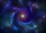 Fototapeta  - Deep space vortex illustration with bright star. Processed in vibrant blues, greens and purples.
