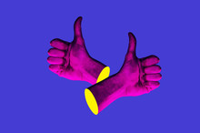 Contemporary Minimalistic Art Collage In Neon Bold Colors With Hands Showing Thumbs Up. Like Sign Surrealism Creative Wallpaper.