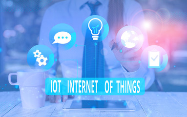 Poster - Text sign showing Iot Internet Of Things. Business photo text Network of Physical Devices send and receive Data Female human wear formal work suit presenting presentation use smart device
