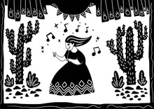 Woman Dancing In A Cactus Desert In The Hot Sun. Illustration Of Cordel Style