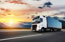 European Truck Vehicle With Dramatic Sunset Light