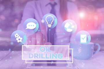 Poster - Word writing text Oil Drilling. Business photo showcasing involves the drilling and pumping of oil from underground wells Female human wear formal work suit presenting presentation use smart device