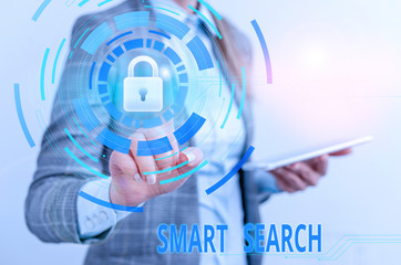 Poster - Word writing text Smart Search. Business photo showcasing tool used in recording software for searching based on motion Female human wear formal work suit presenting presentation use smart device