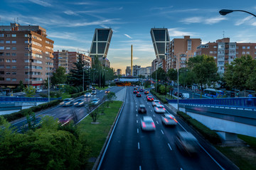 Rush hour in Paseo de la castellana and Plaza Castilla, north entrance of Madrid, Spain