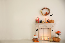 Modern Room Decorated For Halloween, Space For Text. Idea For Festive Interior