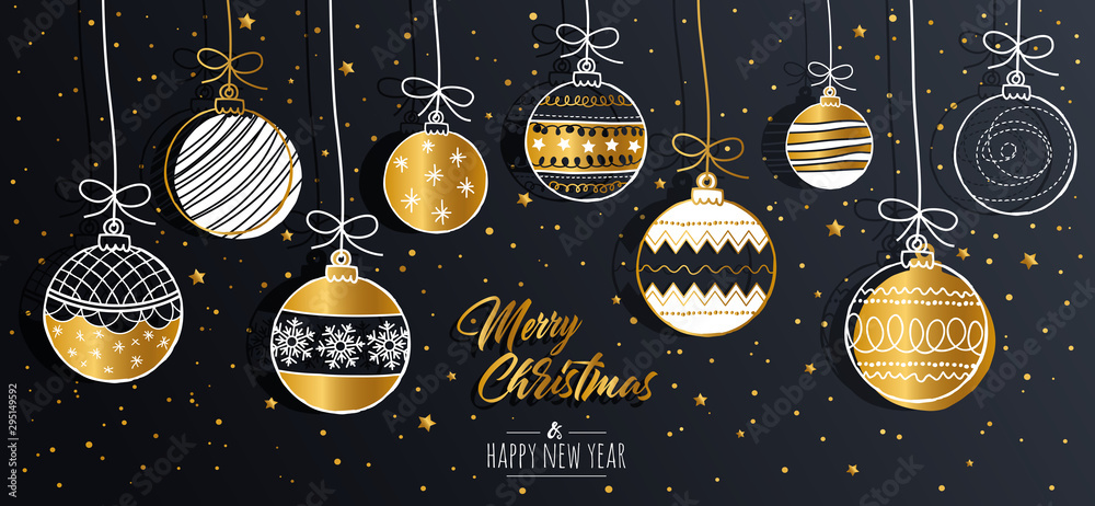Merry Christmas greeting card set with golden text elements and modern hand drawn baubles. Vector illustration. - obrazy, fototapety, plakaty 