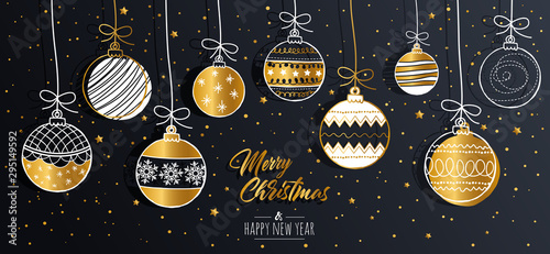 Fotografía Merry Christmas greeting card set with golden text elements and modern hand drawn baubles