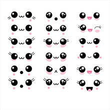 Vector Illustration Set Of 18 Cute Kawaii Anime Faces. Happy, Animal, Eyelashes, Cheeks.