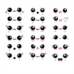 Vector illustration set of 18 cute kawaii anime faces. Happy, animal, eyelashes, cheeks.