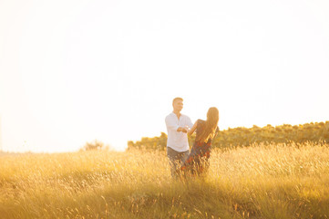 A young happy couple is dancing playful on a sunny field.