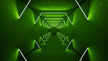 Night Club Interior Green Lights 3d Render For Laser Show. Glowing Green Lines. Abstract Fluorescent Green Background. Green Neon Room Corridor Background. Light Abstract Futuristic Design. Modern