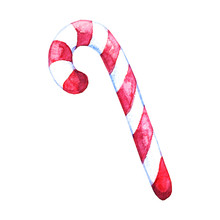 Watercolor Hand Drawn Sweet Peppermint Candy Cane Striped In Christmas Colors Isolated On A White Background. Design For  Card, Print, Invitation