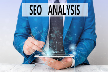 Poster - text sign showing seo analysis. business photo showcasing tool helps showing to study on how to impr