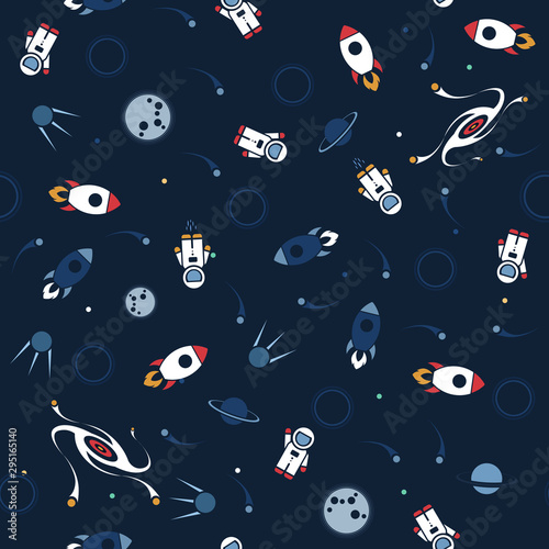 astronautyczny-bezszwowy-deseniowy-wektorowy-tlo-ladny-szablon-z-astronauta-statek-kosmiczny-rakieta-ksiezyc-czarna-dziura-i-gwiazdy