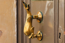 Brass Door Knocker Shape Of Dolphin On Old Brown Doors