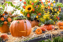 Variety Of Decorated Halloween Pumpkins With Flowers And Leaves In The Greek Garden Shop - Halloween Celebration Preparation.