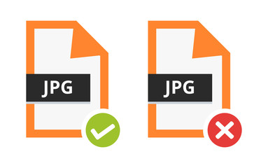 Aufkleber - Vector set of correct approved and incorrect disapproved jpg or jpeg file. Flat icon with green check sign and red cancel sign, error. Symbol of lossy compression format for pictures isolated on white