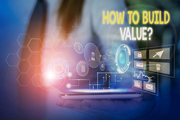 Poster - Word writing text How To Build Value Question. Business photo showcasing Ways for developing growing building a business Woman wear formal work suit presenting presentation using smart device