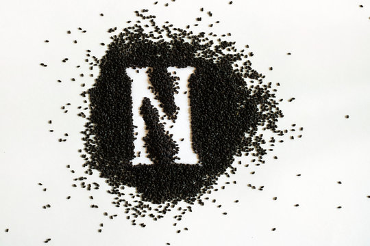 Handful of sweet basil black seeds, letter N uppercase of English alphabet on white background. Black and white. Lettering. Typography. Healthy and super food. Horizontal