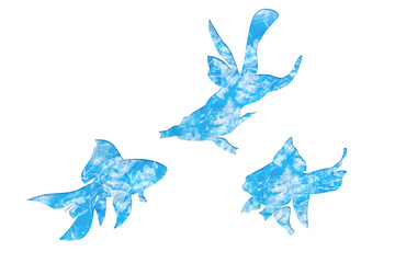 Wall Mural - Small fish silhouettes from blue pieces of hard bottle- plastic with paper cut effect. Isolated element for design- concept of saving the environment and pollution of the world ocean