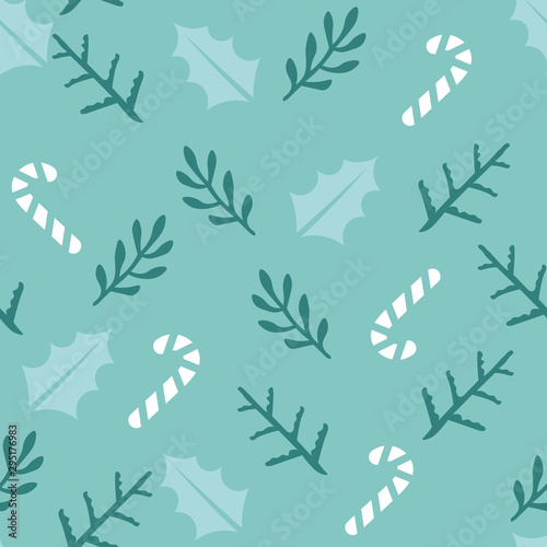 Tapety Turkusowe christmas-or-new-year-seamless-pattern-background-with-candies-and-forest-leaves-retro-style-vector-winter-design
