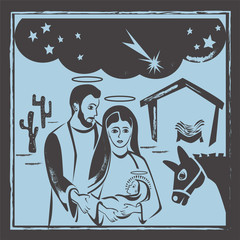 Wall Mural - Nativity scene vector. Christmas woodcut style illustration.